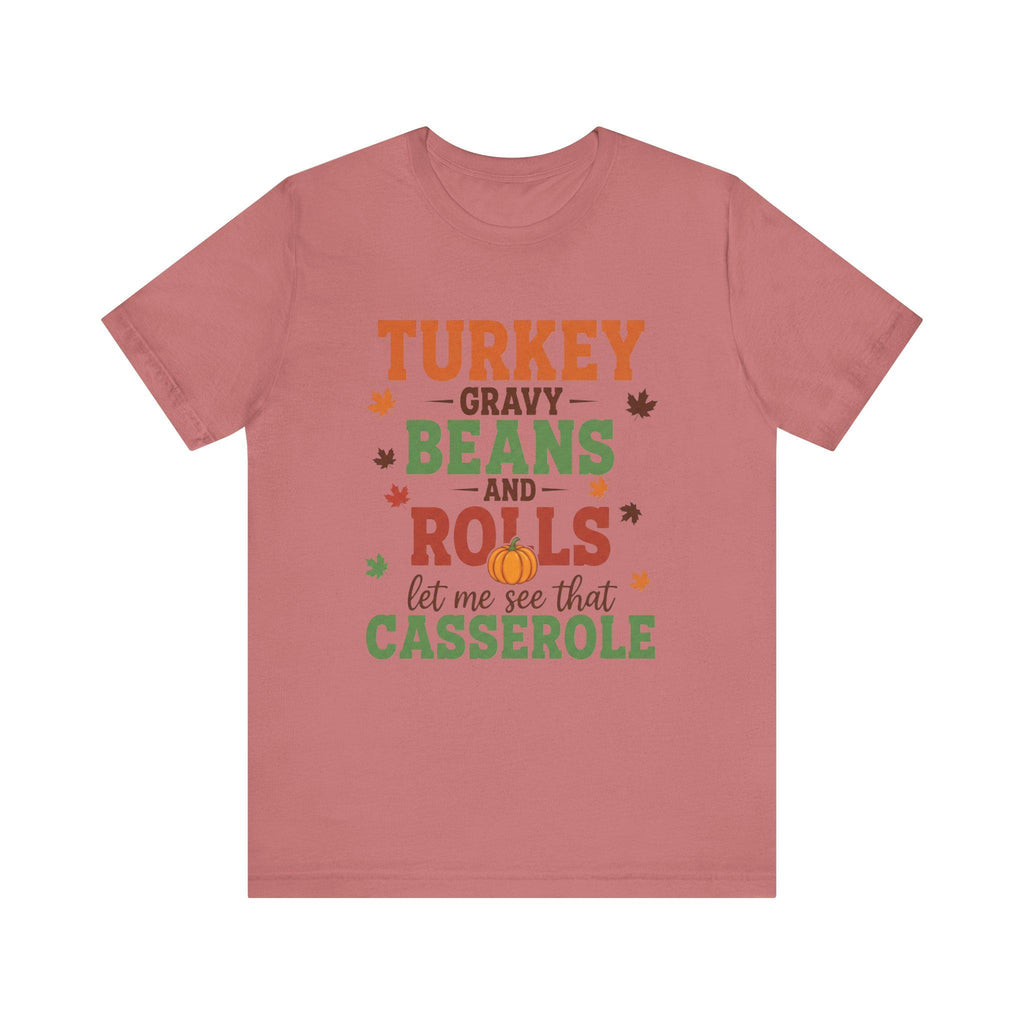 Thanksgiving Tee, Turkey Gravy Beans Rolls Graphic, Unisex Jersey T-Shirt