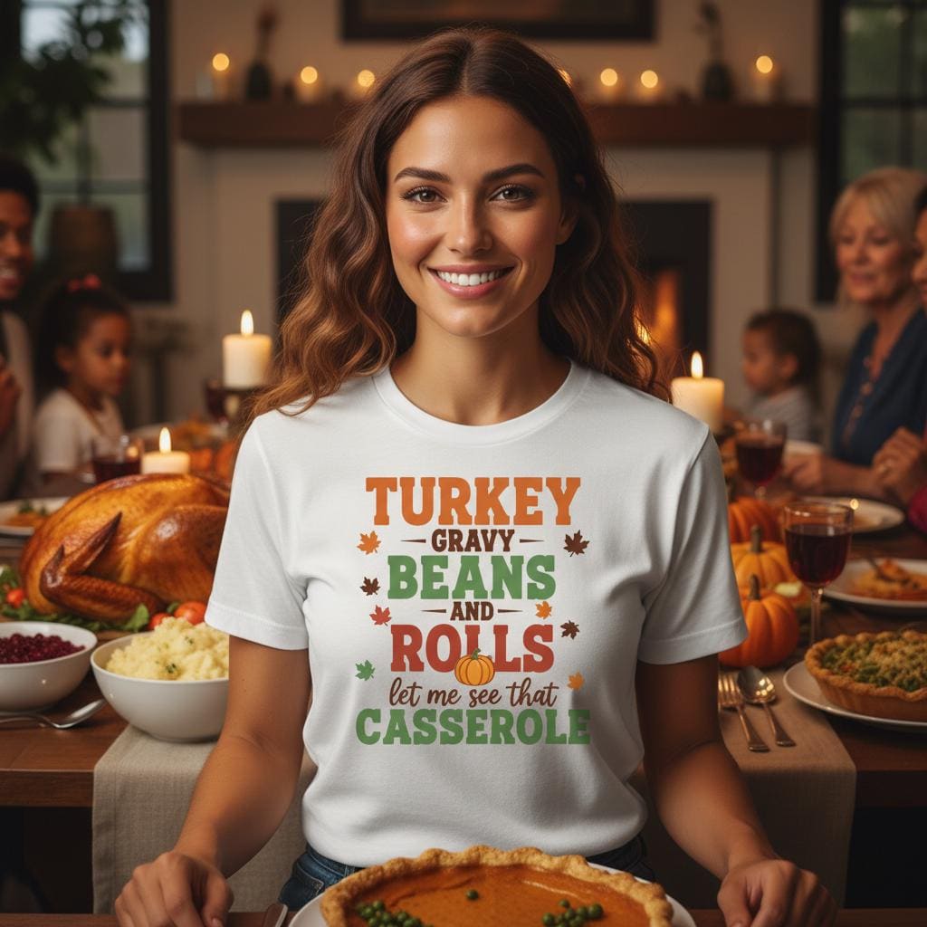 Thanksgiving Tee, Turkey Gravy Beans Rolls Graphic, Unisex Jersey T-Shirt